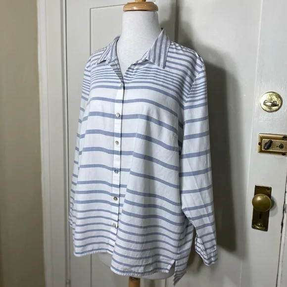 J.Jill Blue White Cotton Tunic Striped Button Down Top - Picture 2 of 12